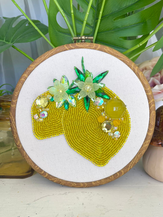 Crystal lemon embroidery hoop with 3-D flowers