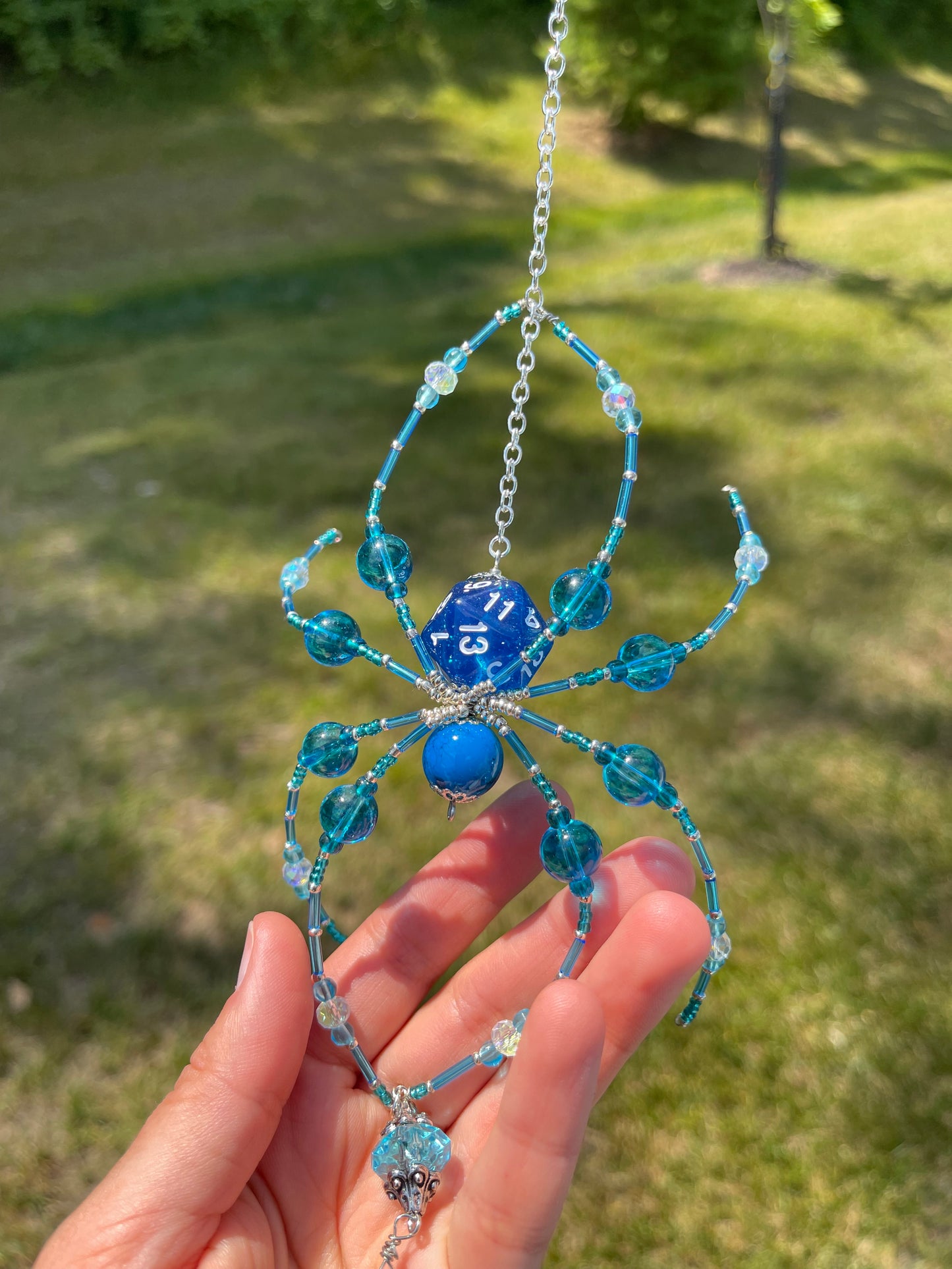 D20 Aqua Crystal Spider Suncatcher