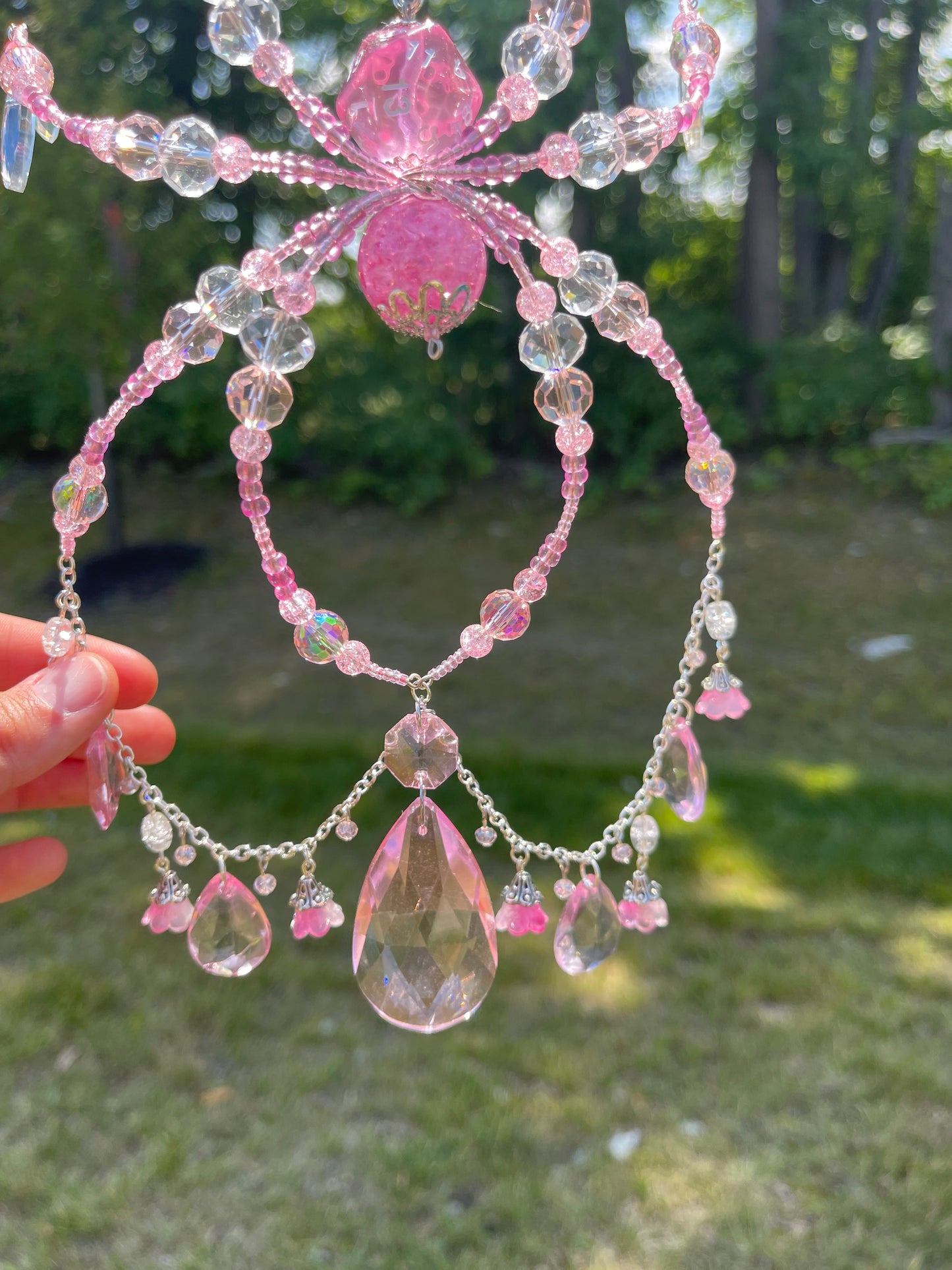 Pink Crystal Fairy Floral Spider D20 Suncatcher