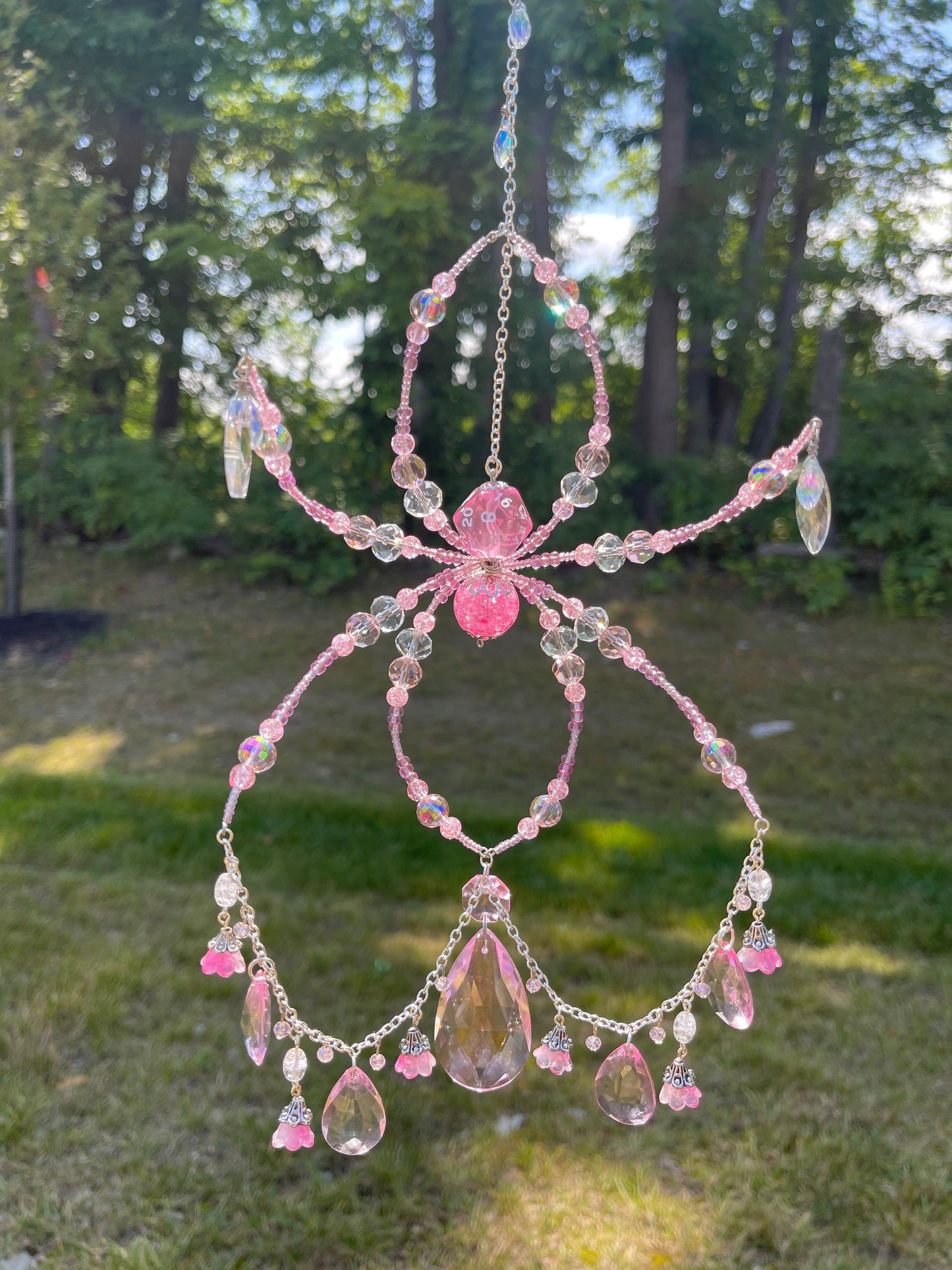 Pink Crystal Fairy Floral Spider D20 Suncatcher