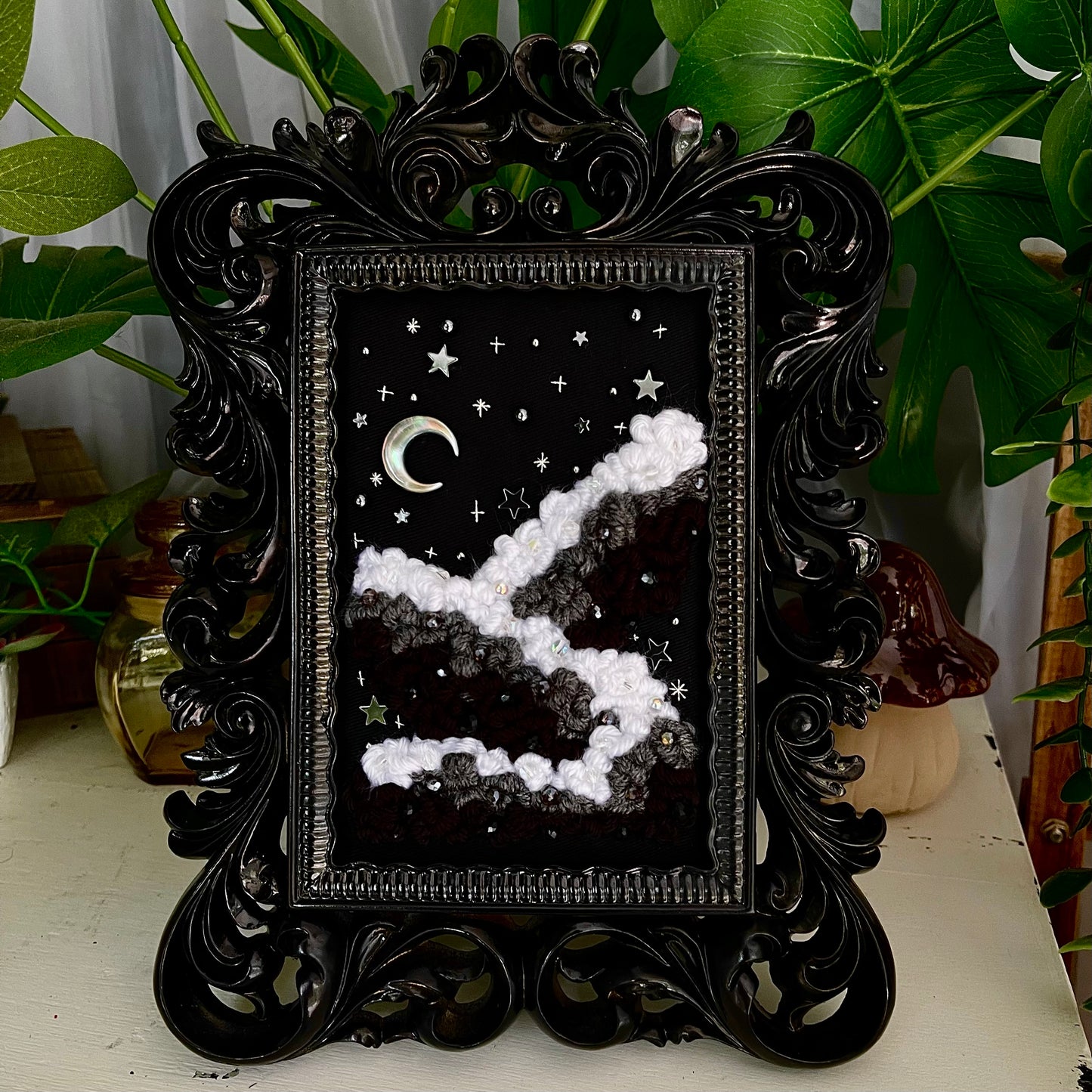 Midnight moon mixed media embroidery