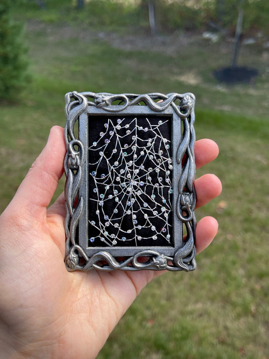 Mini Silver Crystal Spiderweb Embroidery in vintage frame