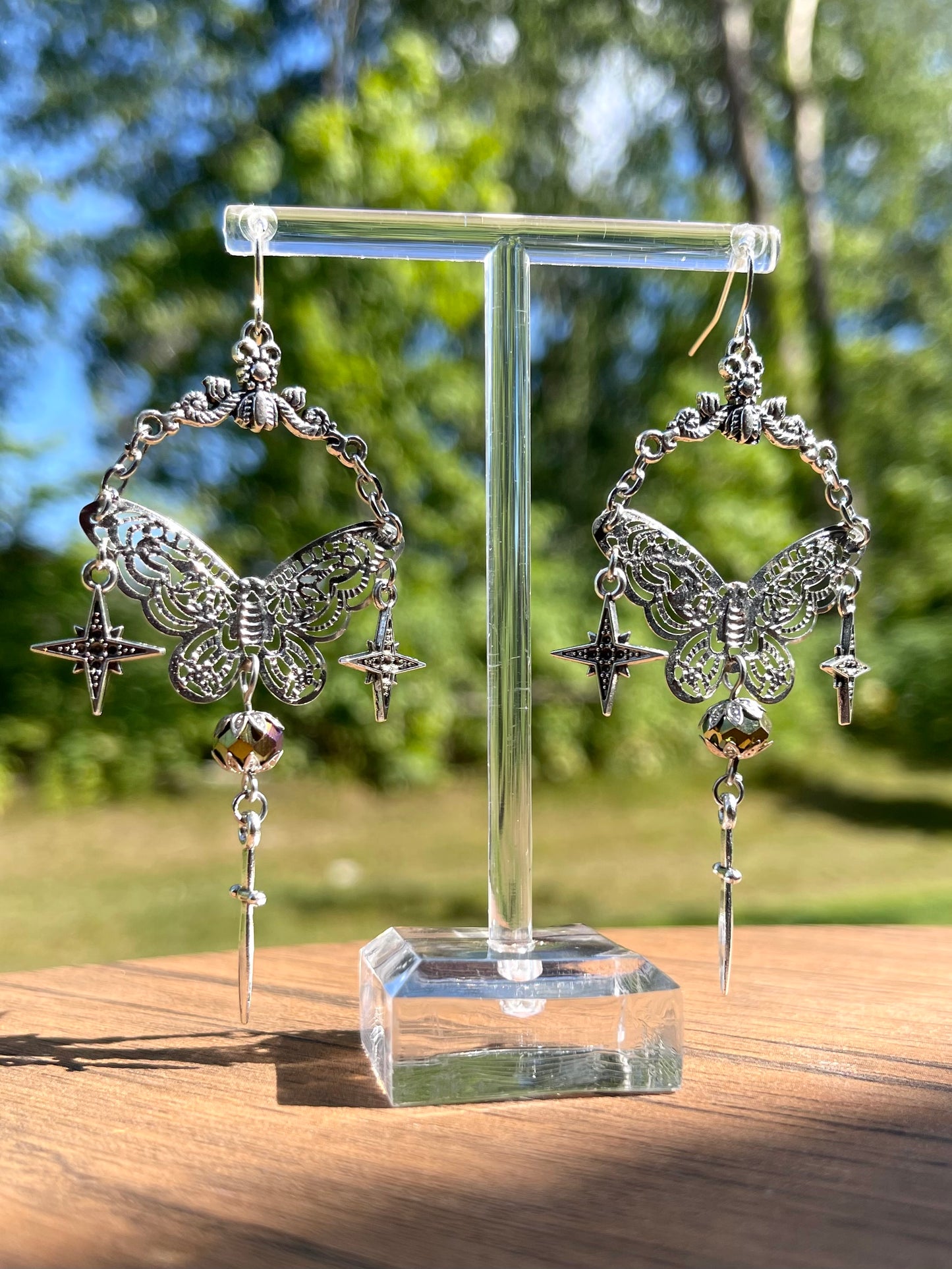 Rainbow crystal moth and dagger earrings