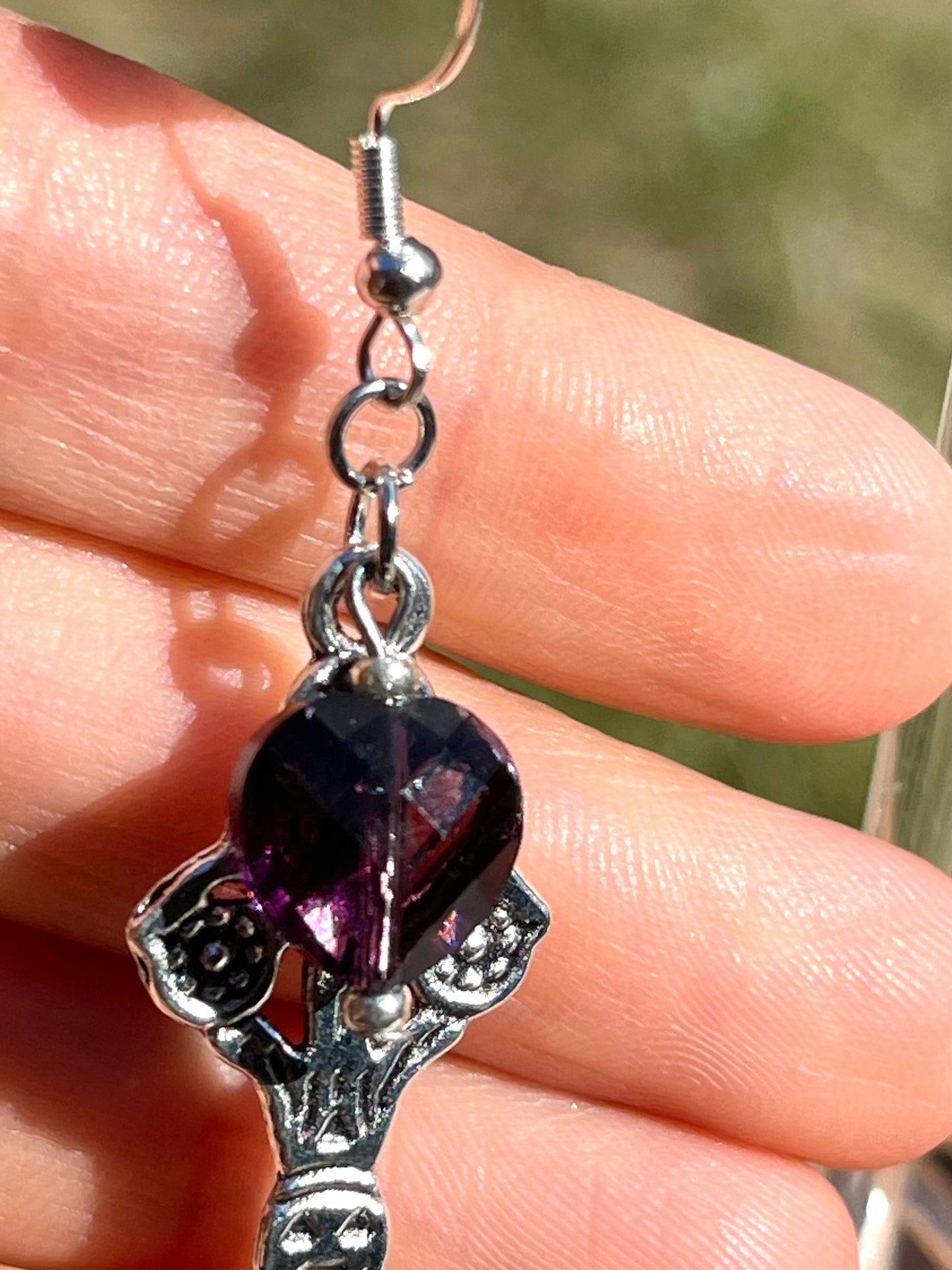 Vintage silver spoon earrings with amethyst faceted hearts