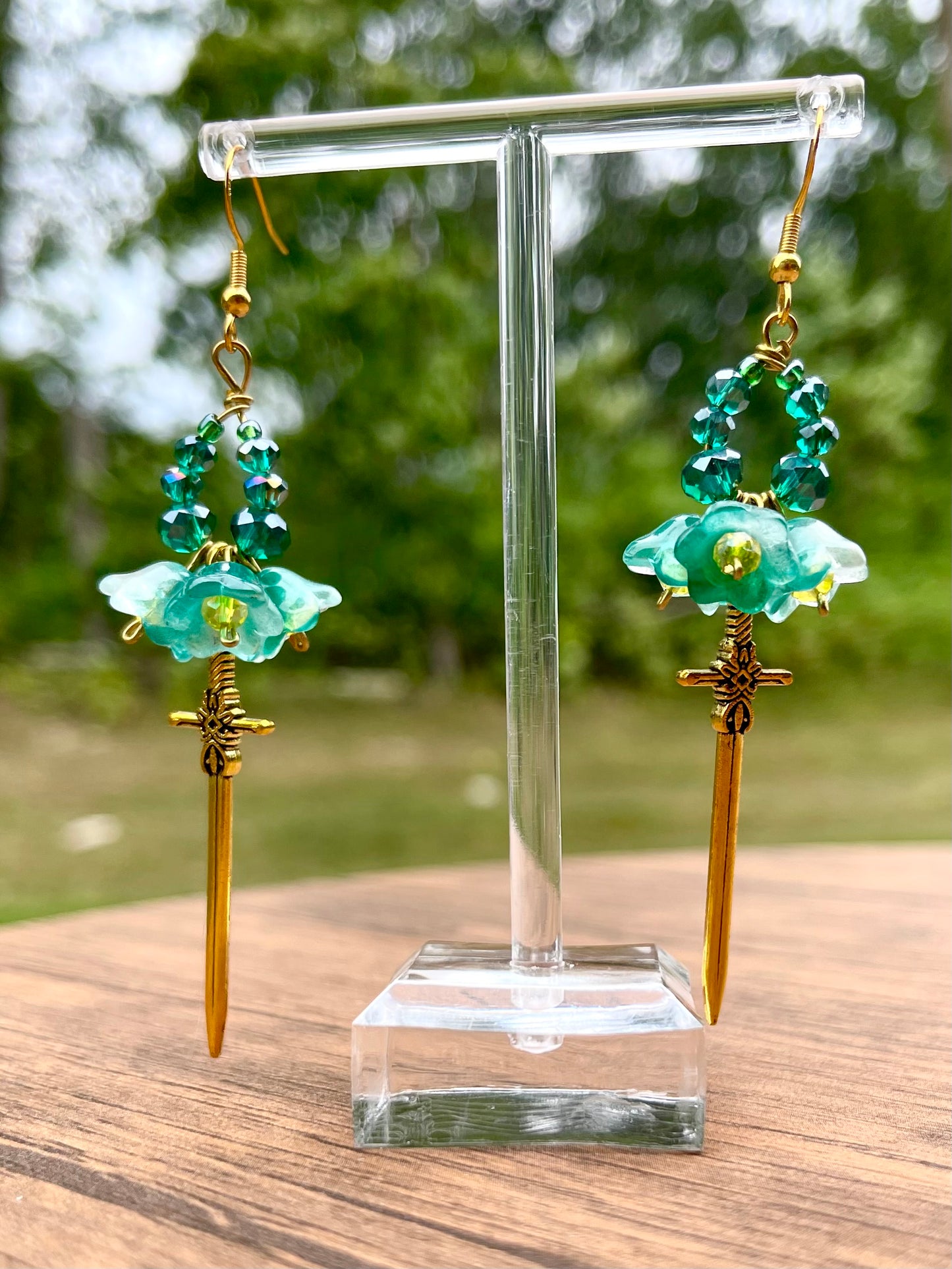 Teal Crystal Floral Cluster Sword earrings