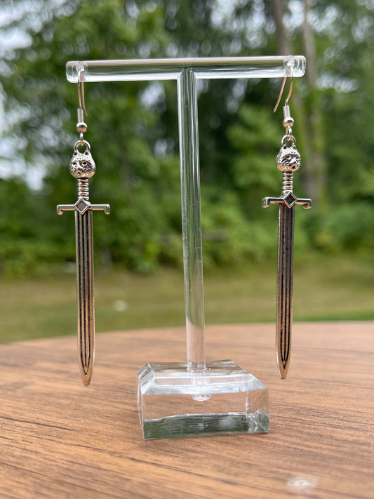 Wolf’s head silver sword earrings