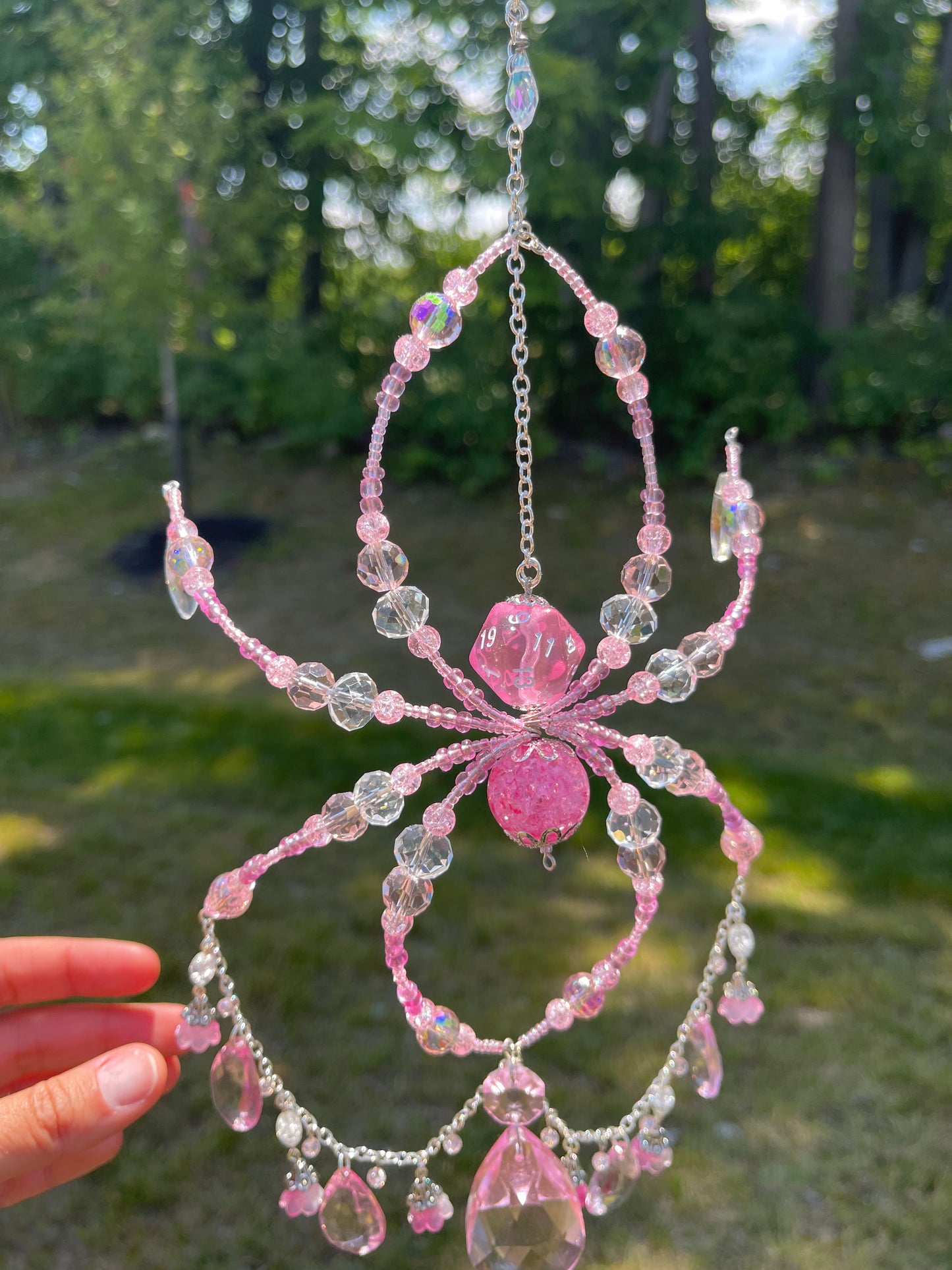 Pink Crystal Fairy Floral Spider D20 Suncatcher