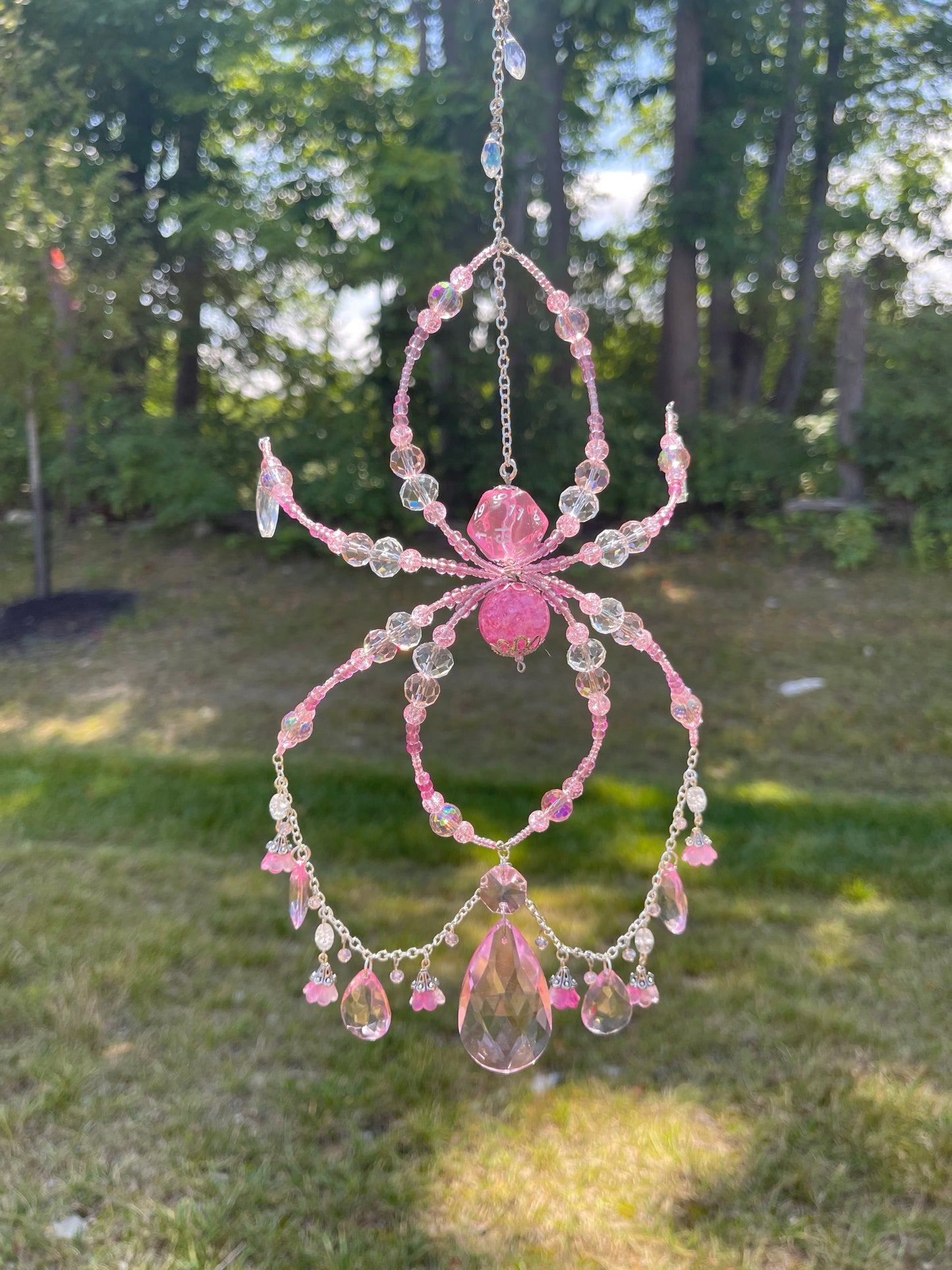 Pink Crystal Fairy Floral Spider D20 Suncatcher