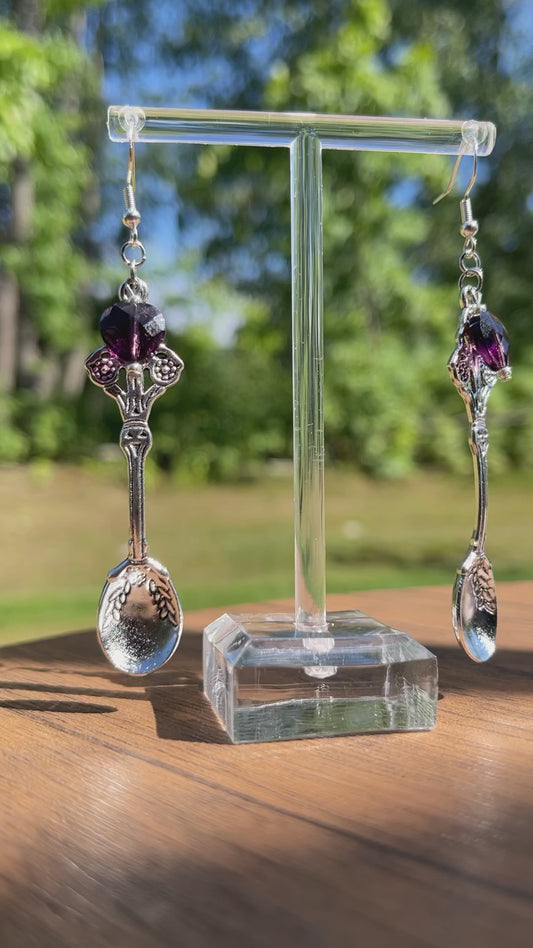 Vintage silver spoon earrings with amethyst faceted hearts